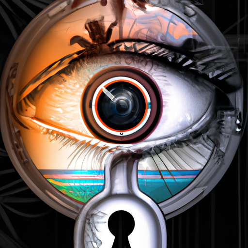 The image would depict a futuristic eye with a mechanical appearance, symbolizing AI technology. The eye would have a distinctive California vibe, with palm trees and a beachscape reflecting in its iris. The eye would be surrounded by icons representing opt-out and access rights, such as a crossed-out eye symbol and a keyhole.