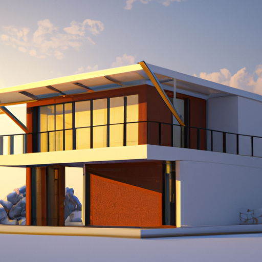 The image would depict a modern, sleek prefab home standing alone in a serene landscape. The sun would be setting in the background, casting a warm, golden light on the home. The home would be highlighted, appearing strong and sturdy with clean lines, large windows, and a minimalist design. However, the image would also convey a sense of abandonment or closure, with overgrown plants surrounding the home and a slightly dilapidated look, symbolizing the reported shutting down of Veev.