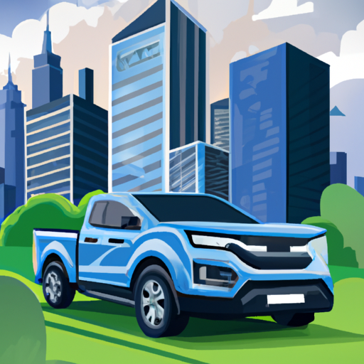 The image would show a sleek, modern electric pickup truck in the foreground, surrounded by a vibrant cityscape with a few skyscrapers in the background. The truck would be in motion, driving on a smooth road with a sense of speed. Additionally, the image would convey a sense of sustainability and eco-friendliness through the presence of lush greenery and trees lining the road. A leasing sign or symbol might also be subtly included to represent the new program being launched.