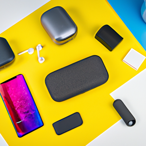 The image would showcase a variety of small tech gadgets and accessories neatly arranged on a table. Some examples could include wireless earbuds, a portable power bank, a smart home assistant, a compact bluetooth speaker, a fitness tracker, and a sleek phone case. The composition would be vibrant and visually appealing, highlighting the affordable yet desirable nature of these tech gifts.