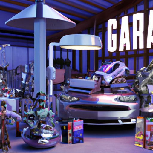 The image would show a virtual setting with a futuristic garage sale booth, displaying a selection of items such as a Tesla car, a PlayStation 5, and a stack of magazines. Surrounding the booth are several AI-powered robots engaging in animated conversations, representing the haggling process.