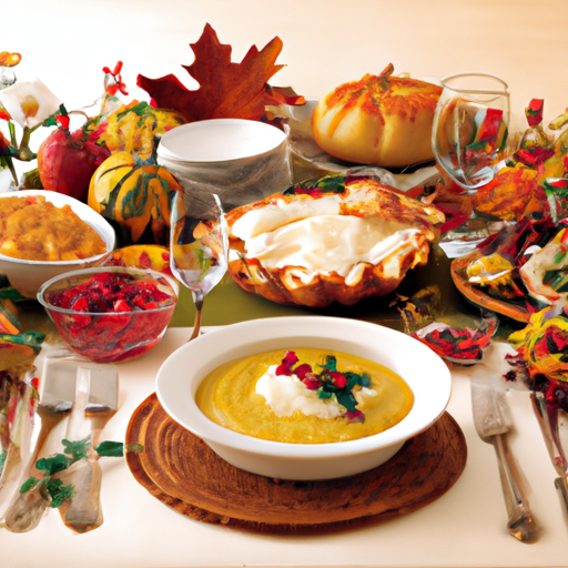 The image would consist of a festive Thanksgiving table with a bountiful spread of traditional dishes like roast turkey, mashed potatoes, stuffing, cranberry sauce, and pumpkin pie. There would be plates and utensils neatly arranged, with a warm and inviting autumn color palette. A centerpiece featuring fall foliage, pumpkins, and cornucopia would complete the scene.