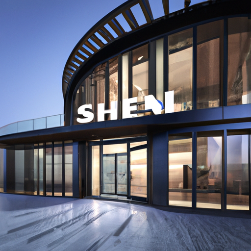 The image would depict a sleek, modern office building with a glass entrance. The front doors are propped open, welcoming visitors. Above the entrance, there is a large sign bearing the name "Shein" in bold, stylish lettering. The building exudes a sense of professionalism and confidence, hinting at the company's intention to go public.