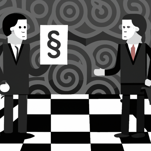 The image would depict two opposing figures, both standing on a chessboard-like background. On the left side of the image, a person representing Terran Orbital is shown, dressed in a business suit and holding a law document, suggesting a lawsuit. On the right side, a person symbolizing the former CTO is seen, holding a megaphone and surrounded by a group of supportive figures, implying a call for change. The figures are facing each other, creating a sense of opposition and conflict.