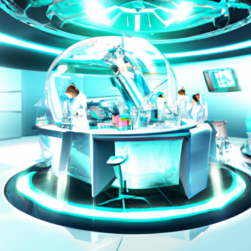 The image would depict a futuristic, high-tech laboratory setting with a large, glowing cradle-like device at the center. Surrounding the cradle, there would be scientists wearing lab coats and looking focused, working with various advanced tools and equipment. The room would be filled with cutting-edge technology and a sense of innovation.
